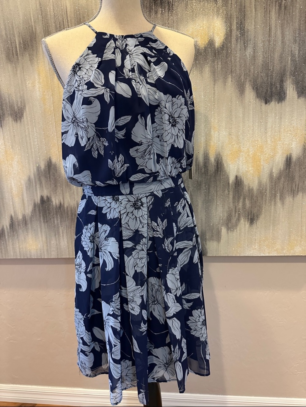 Eliza J Navy and White Floral Halter Dress
